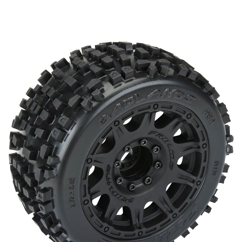 Badlands 3.8" All Terrain Tires Mounted on Raid Black 8x32 Removable Hex Wheels (2) for 17mm MT