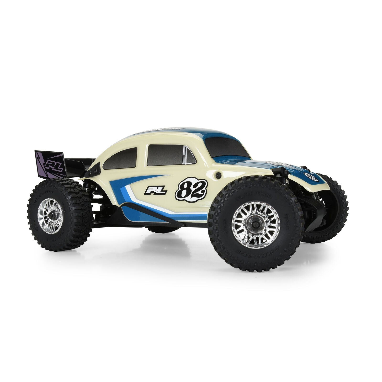 Class 1 VW Bug Blue Race Body Conversion Kit and Flat Iron Tires Mounted 12mm Chrome Diablo (4) for Arrma Typhon Grom - Xtreme RC