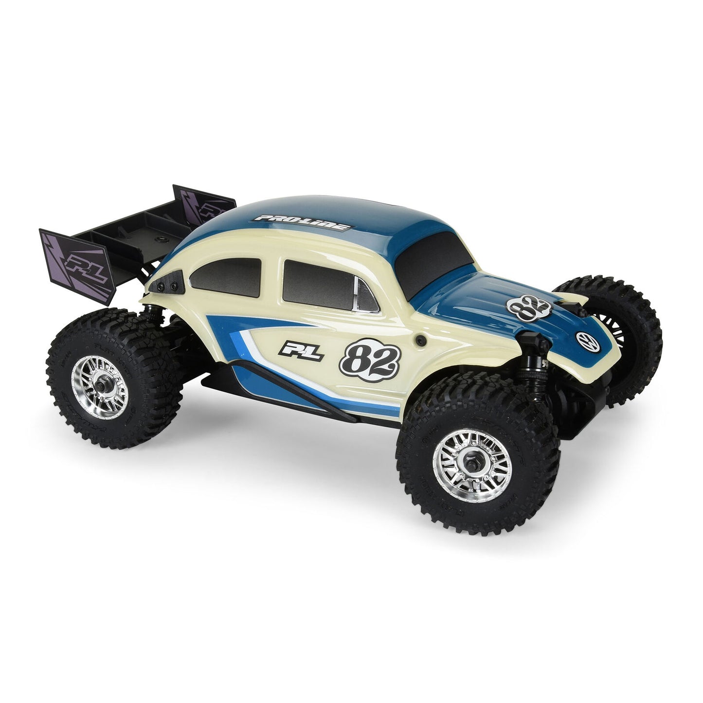 Class 1 VW Bug Blue Race Body Conversion Kit and Flat Iron Tires Mounted 12mm Chrome Diablo (4) for Arrma Typhon Grom - Xtreme RC
