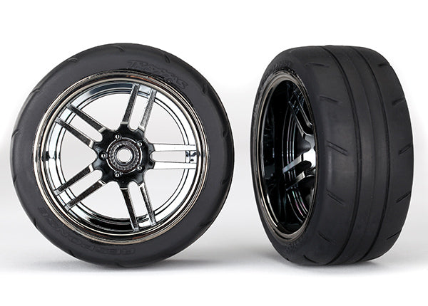 8374 Traxxas Tires and wheels, assembled, glued (split-spoke black chrome wheels, 1.9' Response tires) (extra wide, rear) (2) - Xtreme RC