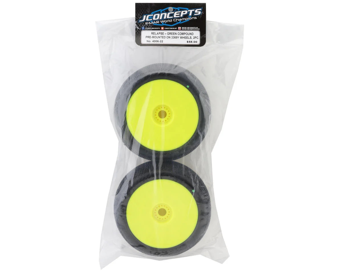 JConcepts Relapse 4.0" Pre-Mounted 1/8 Truggy Tires (2) (Yellow) (Green) - Xtreme RC