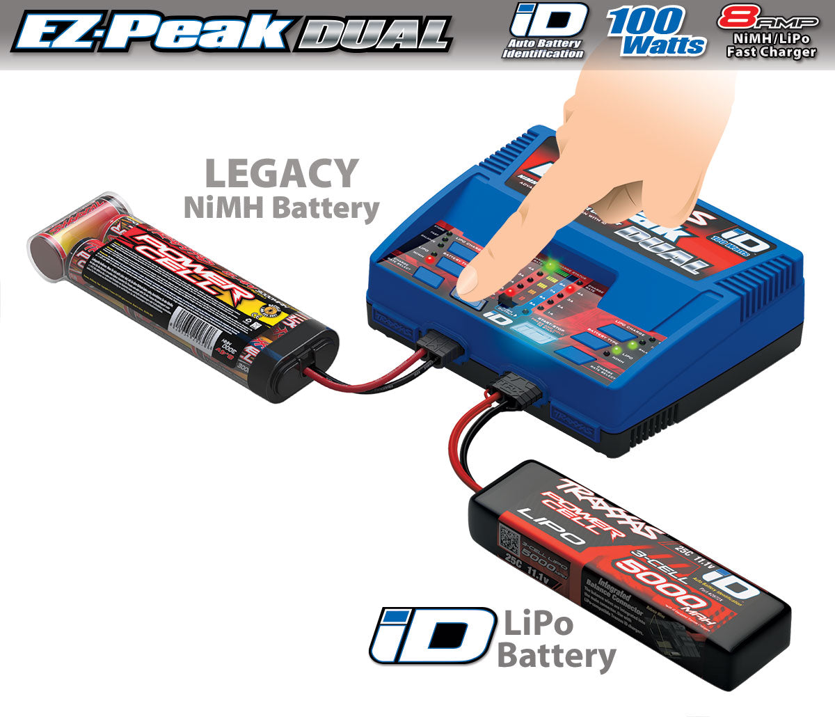 Charger, dual, EZ-Peak Plus, 100W, NiMH/LiPo with iD Auto Battery Identification - Xtreme RC