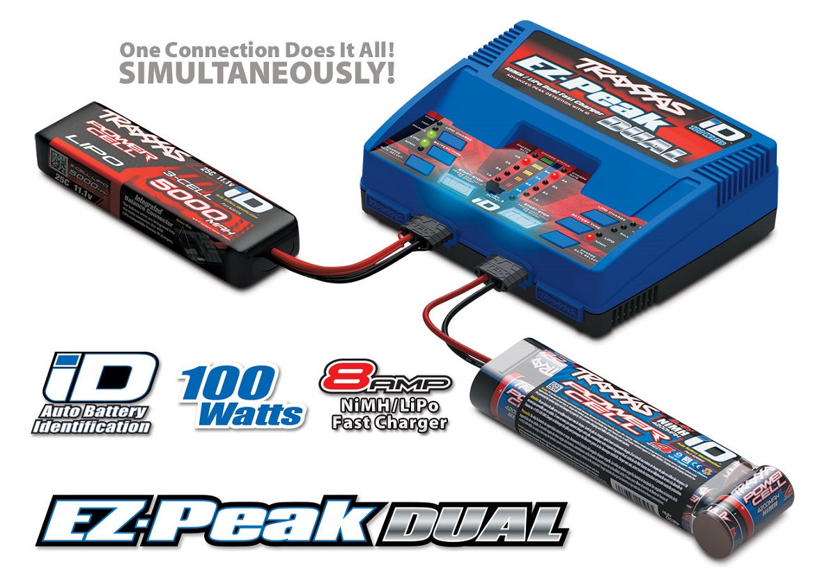 Charger, dual, EZ-Peak Plus, 100W, NiMH/LiPo with iD Auto Battery Identification - Xtreme RC