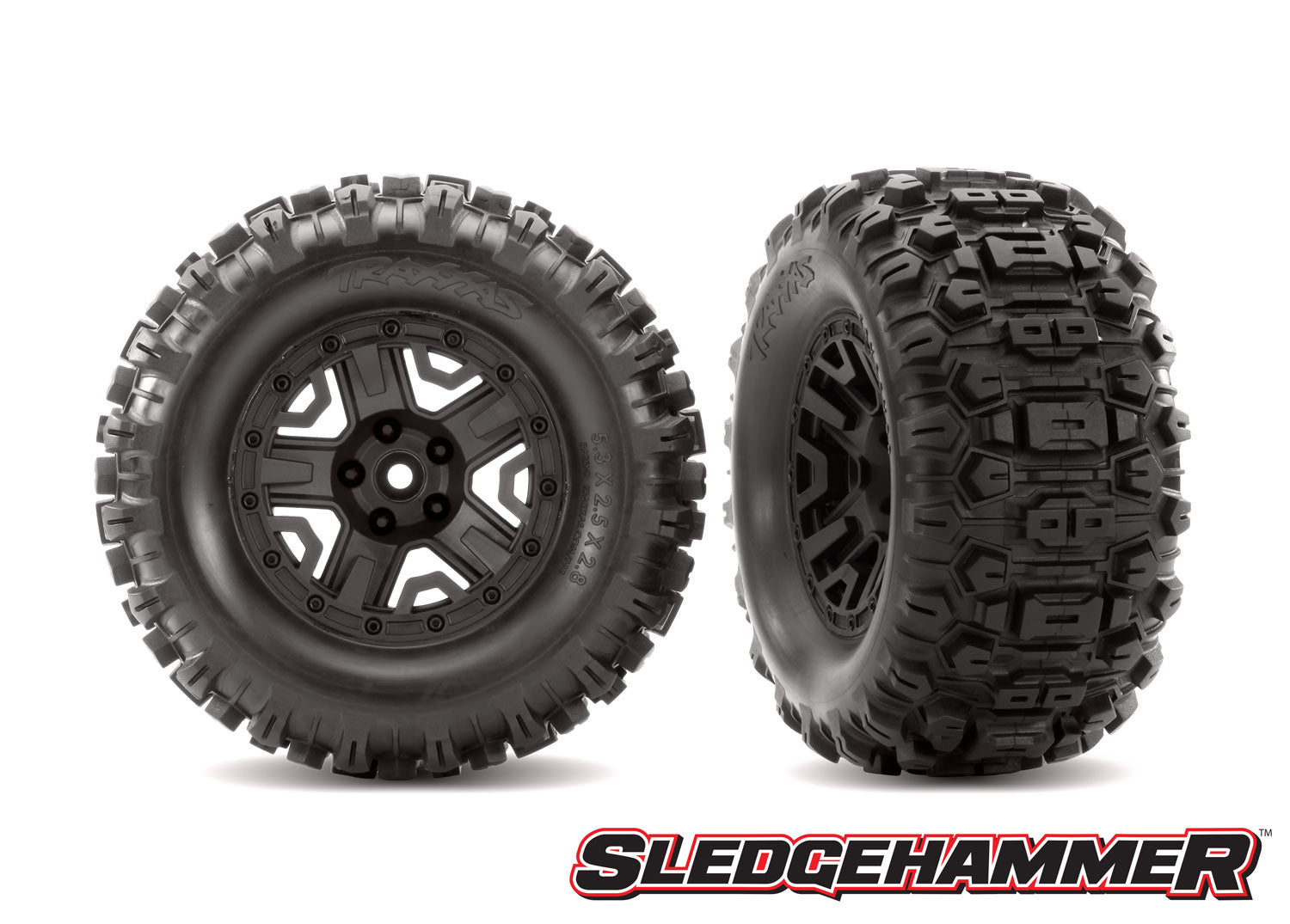 Tires & wheels, assembled, glued (black 2.8' wheels, Sledgehammer™ tires, foam inserts) (2) (TSM® rated) - Xtreme RC