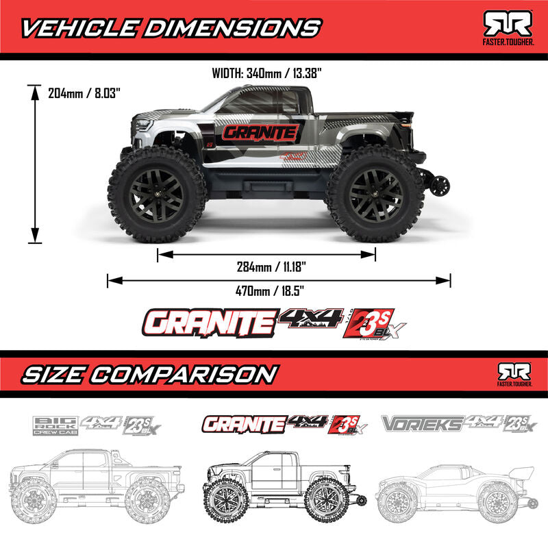 1/10 GRANITE 4X4 223S BLX BRUSHLESS MONSTER TRUCK RTR WITH DSC, GUN METAL - Xtreme RC