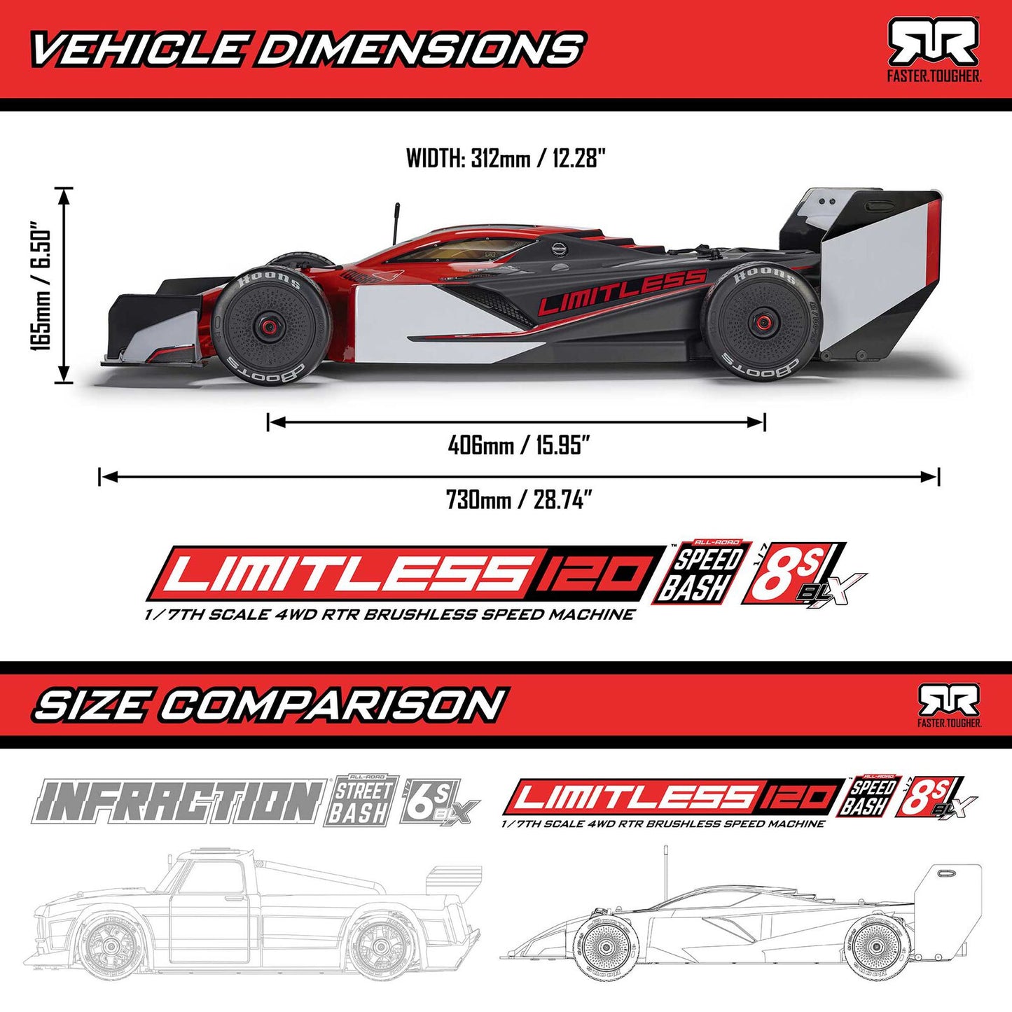1/7 LIMITLESS 120 8S BLX SPEED MACHINE RTR w AVC, Red/Black