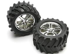Tires & wheels, assembled, glued (SS (Split-Spoke) chrome wheels, Maxx® Chevron tires, foam inserts) (2) (fits Revo®/T-Maxx®/E-Maxx with 6mm axle and 14mm hex)