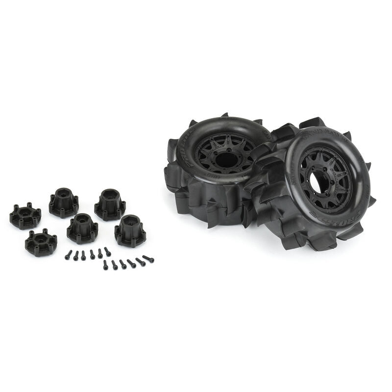 Sand Paw HP BELTED 2.8" Sand Truck Tires Mounted on Raid Black 6x30 Removable Hex (12mm & 14mm) Wheels (2) - Xtreme RC