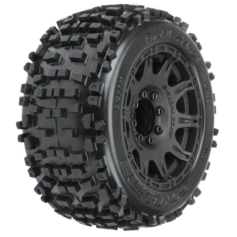 Badlands 3.8" All Terrain Tires Mounted on Raid Black 8x32 Removable Hex Wheels (2) for 17mm MT
