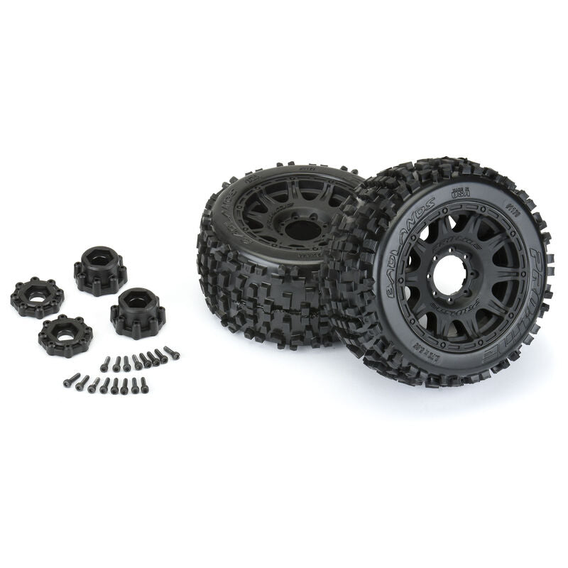 Badlands 3.8" All Terrain Tires Mounted on Raid Black 8x32 Removable Hex Wheels (2) for 17mm MT