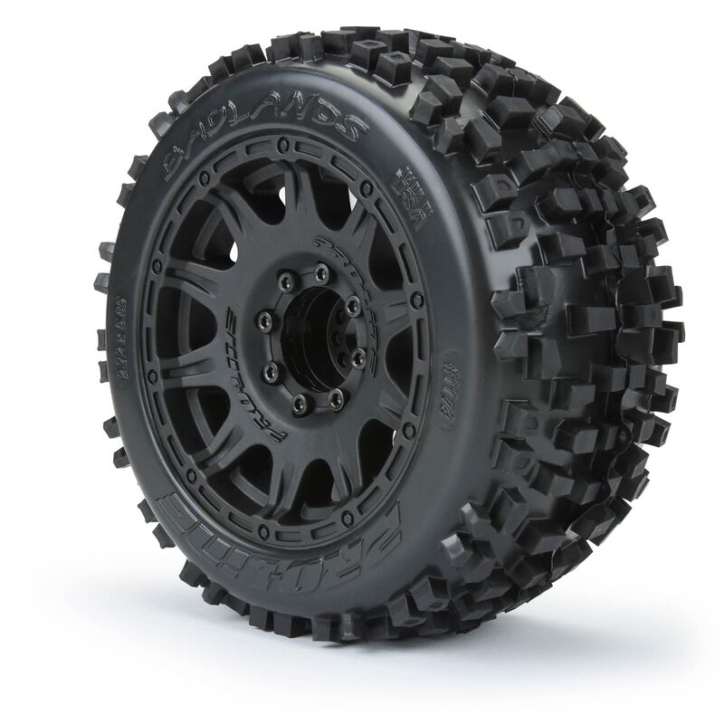 Badlands 3.8" All Terrain Tires Mounted on Raid Black 8x32 Removable Hex Wheels (2) for 17mm MT
