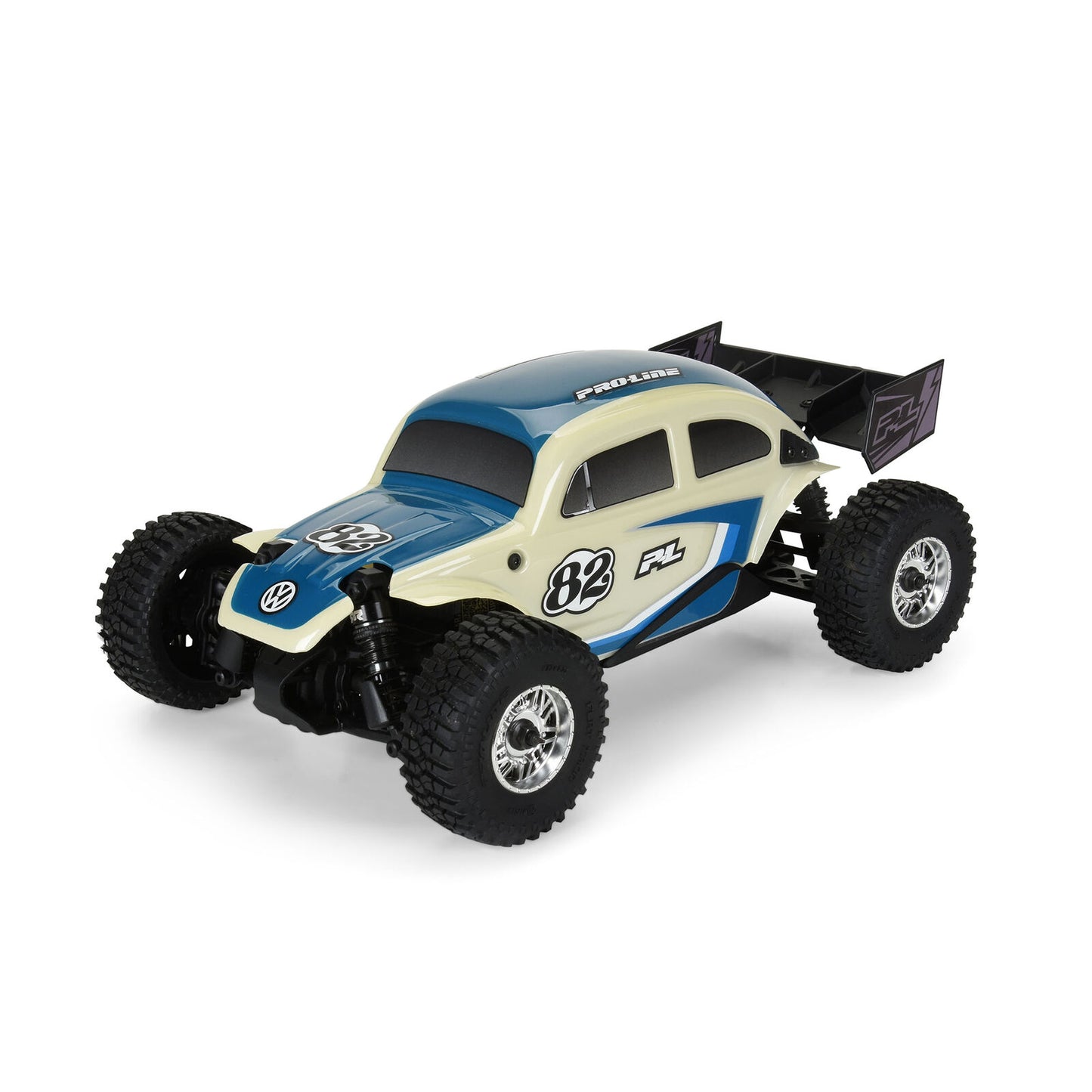 Class 1 VW Bug Blue Race Body Conversion Kit and Flat Iron Tires Mounted 12mm Chrome Diablo (4) for Arrma Typhon Grom - Xtreme RC