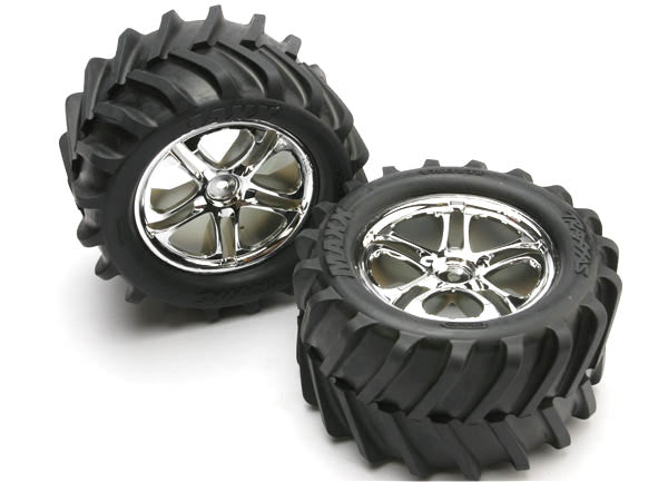 Tires & wheels, assembled, glued (SS (Split-Spoke) chrome wheels, Maxx® Chevron tires, foam inserts) (2) (fits Revo®/T-Maxx®/E-Maxx with 6mm axle and 14mm hex) - Xtreme RC