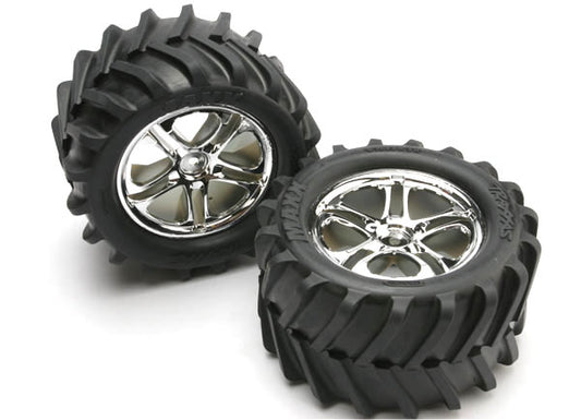 Tires & wheels, assembled, glued (SS (Split-Spoke) chrome wheels, Maxx® Chevron tires, foam inserts) (2) (fits Revo®/T-Maxx®/E-Maxx with 6mm axle and 14mm hex) - Xtreme RC